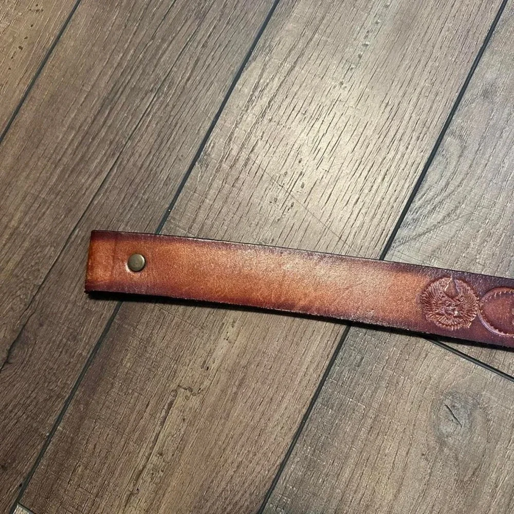 Vintage Brown Leather Embossed Tooled Belt Motorcycle Eagle RAI‎ Size 32/34